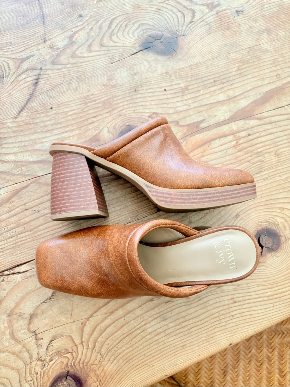 crown & ivy Cognac Tan Leather Block Heel Mules